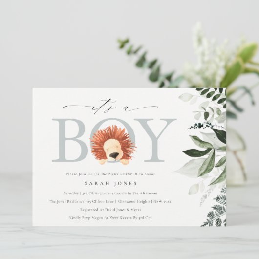 Niedlich Boho Lion Foliage Es ist Boy Baby Shower Dankeskarte (Stehend Vorderseite)