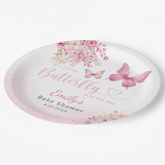 Niedlich Boho Pink Floral Butterfly Girl Babydusch Pappteller (Schrägansicht)