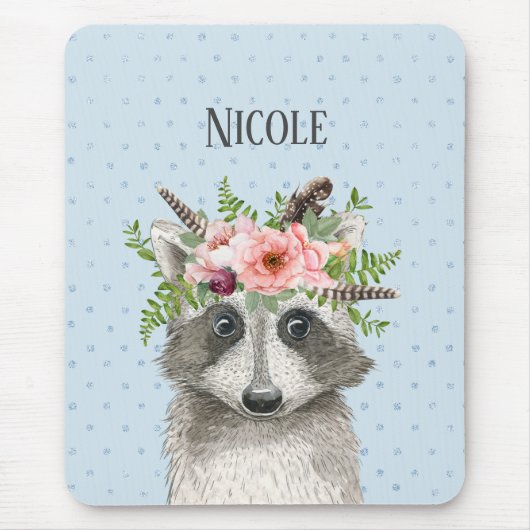 Niedlich Boho Raccoon mit Blumenkronen und Name Mousepad (Vorne)