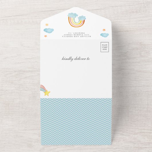 Niedlich Boho Rainbow Clouds Baby Dusche All In One Einladung (Außenbereich)