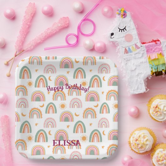 Niedlich Boho Rainbow Pattername Personalisiert Pappteller (Party)