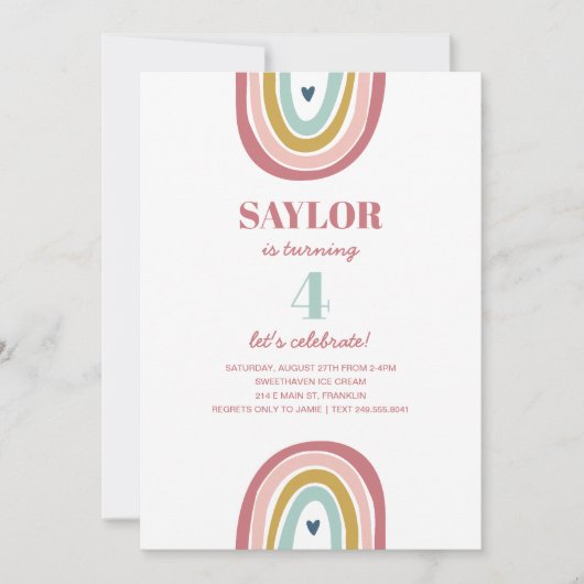 Niedlich Boho Rainbow Pink Geburtstag Einladung (Vorderseite)