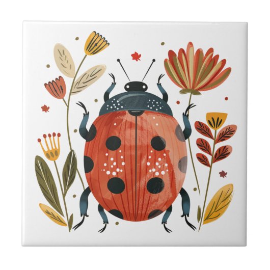 Niedlich Boho Red Ladybug Skandinavische Folklorek Fliese (Vorderseite)