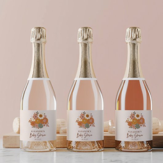 Niedlich Boho Retro Floral Baby Dusche Individuell Schaumweinetikett
