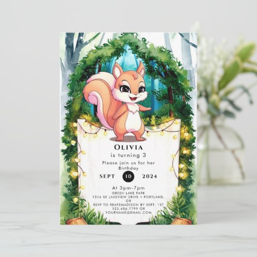 Niedlich Boho Squirrel Birthday Einladung (Stehend Vorderseite)