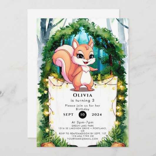 Niedlich Boho Squirrel Birthday Einladung (Vorne/Hinten)