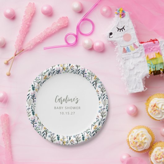 Niedlich Boho Wasserfarbe Wildblume Kinderdusche i Pappteller (Party)