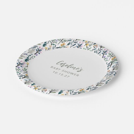 Niedlich Boho Wasserfarbe Wildblume Kinderdusche i Pappteller (Schrägansicht)