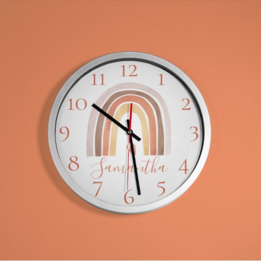 Niedlich Boho Watercolor Rainbow Individuelle Name Runde Wanduhr