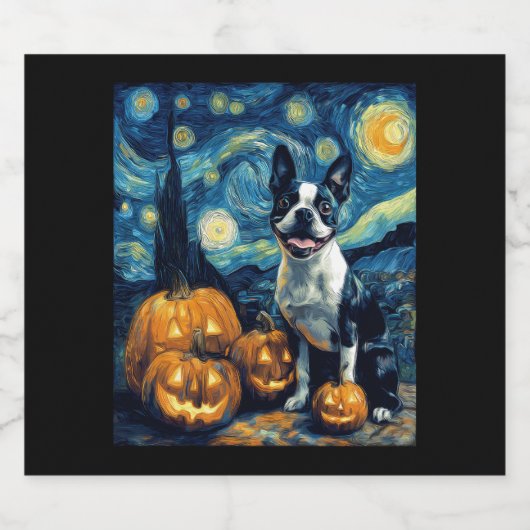 Niedlich Boston Terrier Dog Halloween Kürbislatern Schaumweinetikett (Einzelnes Label)