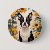 Niedlich Boston Terrier Gelbe Sonnenblumen Button (Vorderseite)