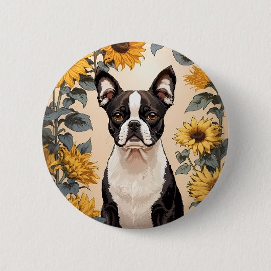 Niedlich Boston Terrier Gelbe Sonnenblumen Button (Vorderseite)