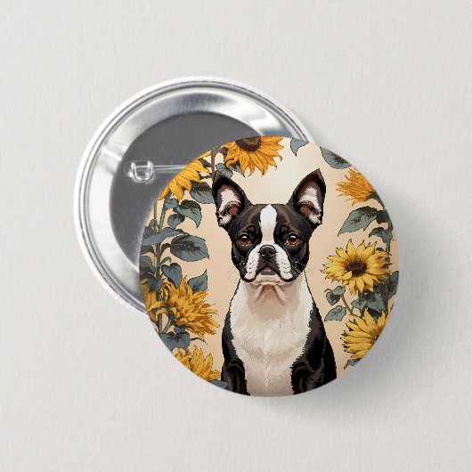 Niedlich Boston Terrier Gelbe Sonnenblumen Button (Vorne & Hinten)