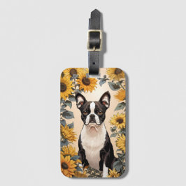 Niedlich Boston Terrier Gelbe Sonnenblumen Gepäckanhänger