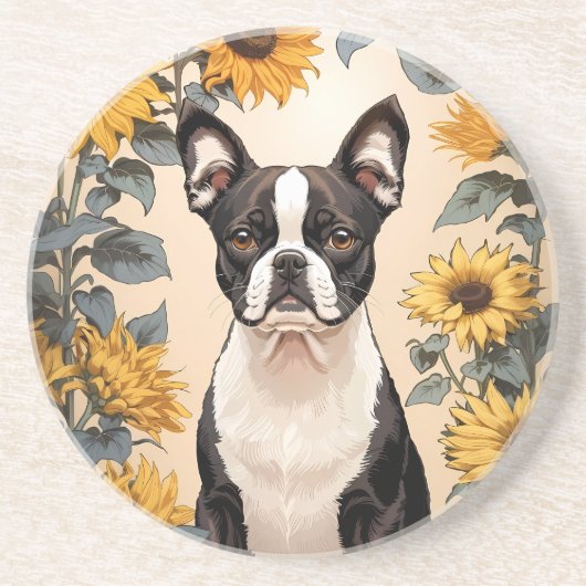 Niedlich Boston Terrier Gelbe Sonnenblumen Getränkeuntersetzer (Vorne)