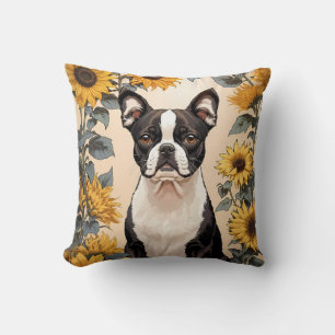 Niedlich Boston Terrier Gelbe Sonnenblumen Kissen