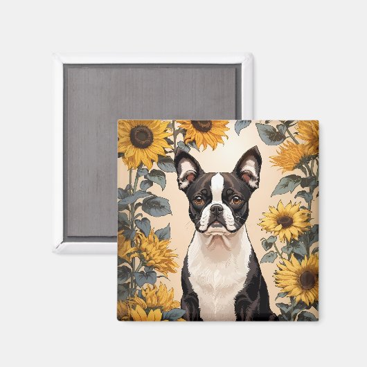 Niedlich Boston Terrier Gelbe Sonnenblumen Magnet (Vorderseite/Rückseite)