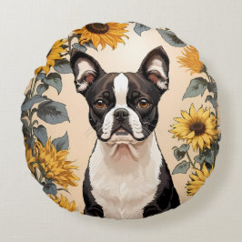 Niedlich Boston Terrier Gelbe Sonnenblumen Rundes Kissen