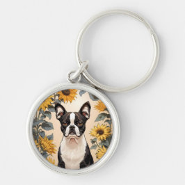 Niedlich Boston Terrier Gelbe Sonnenblumen Schlüsselanhänger