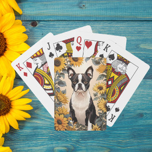 Niedlich Boston Terrier Gelbe Sonnenblumen Spielkarten