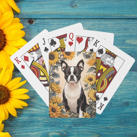 Niedlich Boston Terrier Gelbe Sonnenblumen Spielkarten