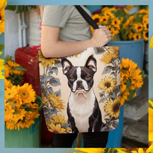 Niedlich Boston Terrier Gelbe Sonnenblumen Tasche