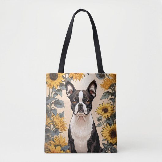 Niedlich Boston Terrier Gelbe Sonnenblumen Tasche (Vorderseite)