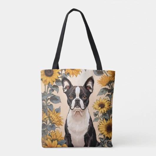 Niedlich Boston Terrier Gelbe Sonnenblumen Tasche (Rückseite)
