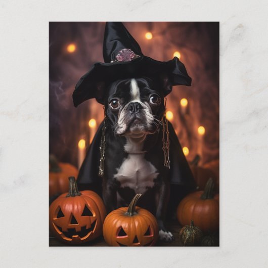 Niedlich Boston Terrier Halloween Postkarte (Vorderseite)