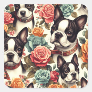 Niedlich Boston Terrier Illustration Quadratischer Aufkleber