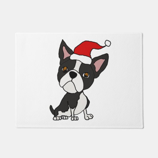 Niedlich Boston Terrier in Weihnachtsmannmütze Wei Fußmatte (Vorderseite)