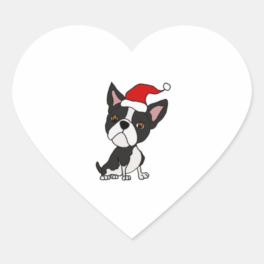 Niedlich Boston Terrier in Weihnachtsmannmütze Wei Herz-Aufkleber (Vorderseite)