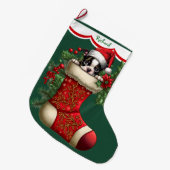 Niedlich Boston Terrier Puppy Peeking Großer Weihnachtsstrumpf (Vorderansicht (hängend))