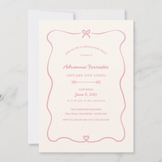 Niedlich Bow Heart Girly Pink Graduation Party Einladung (Vorderseite)
