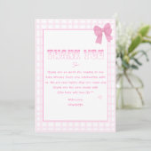 Niedlich Bow Pastel Pink Gingham Baby Dusche Dankeskarte (Stehend Vorderseite)