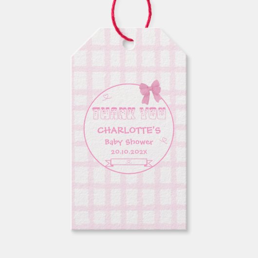 Niedlich Bow Pastel Pink Gingham Baby Dusche Geschenkanhänger (Vorderseite)