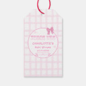 Niedlich Bow Pastel Pink Gingham Baby Dusche Geschenkanhänger (Rückseite)