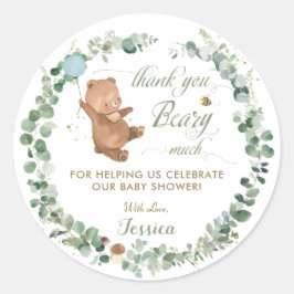 Niedlich Boy Baby Bear Greenery Kraut Vielen Dank  Runder Aufkleber