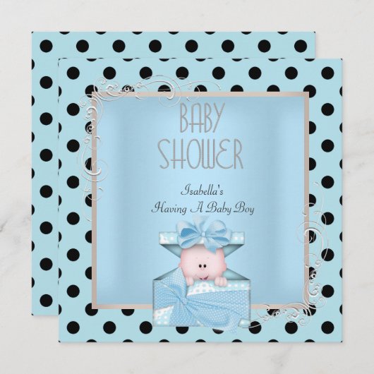 Niedlich Boy Baby Dusche Blue White Black Einladung (Vorne/Hinten)