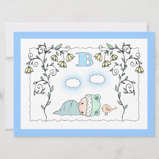 Niedlich Boy Baby Dusche Invites Baby and Bird Einladung (Vorderseite)