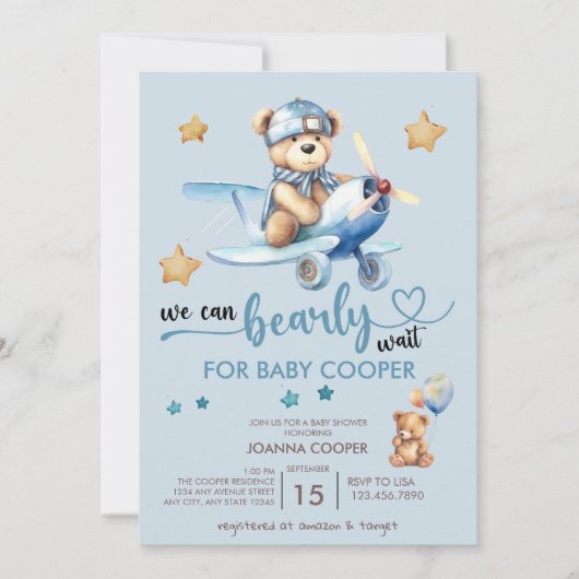 Niedlich Boy Baby Dusche | Teddy Bear Einladung (Vorderseite)