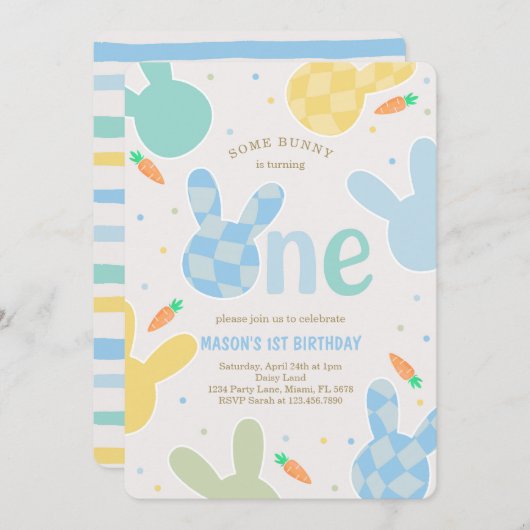 Niedlich Boy Bunny 1. Geburtstag Einladung (Vorne/Hinten)