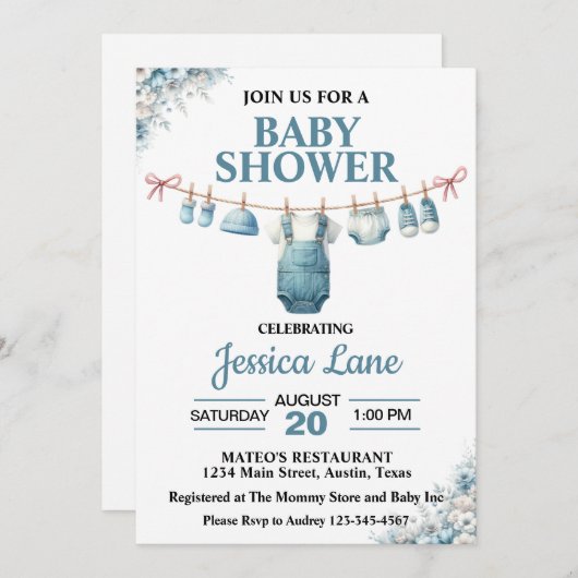 Niedlich Boy Clothesline Kinderdusche Einladung (Vorne/Hinten)