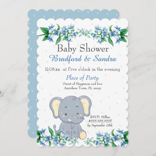 Niedlich Boy Elephant Blue Floral Baby Dusche Einladung (Vorne/Hinten)