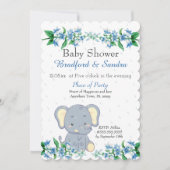 Niedlich Boy Elephant Blue Floral Baby Dusche Einladung (Vorderseite)