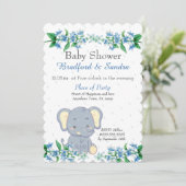 Niedlich Boy Elephant Blue Floral Baby Dusche Einladung (Stehend Vorderseite)