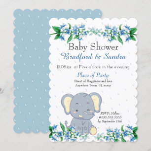 Niedlich Boy Elephant Blue Floral Baby Dusche Einladung