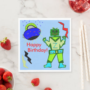Niedlich Boy Robot Blue Spaceship Geburtstag Serviette
