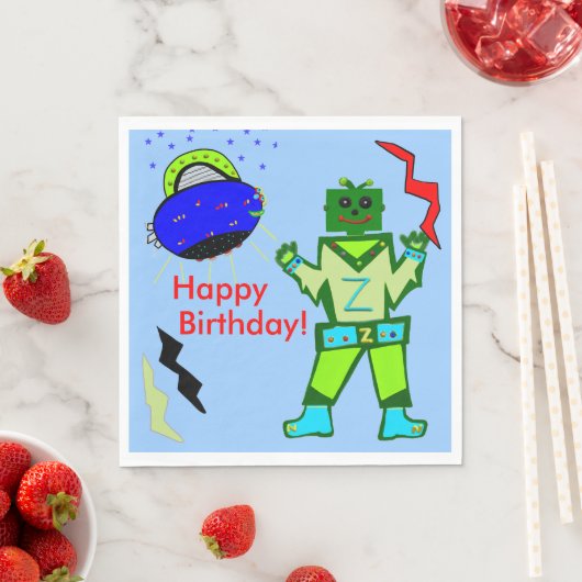 Niedlich Boy Robot Blue Spaceship Geburtstag Serviette (Beispiel)