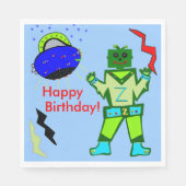 Niedlich Boy Robot Blue Spaceship Geburtstag Serviette (Vorderseite)